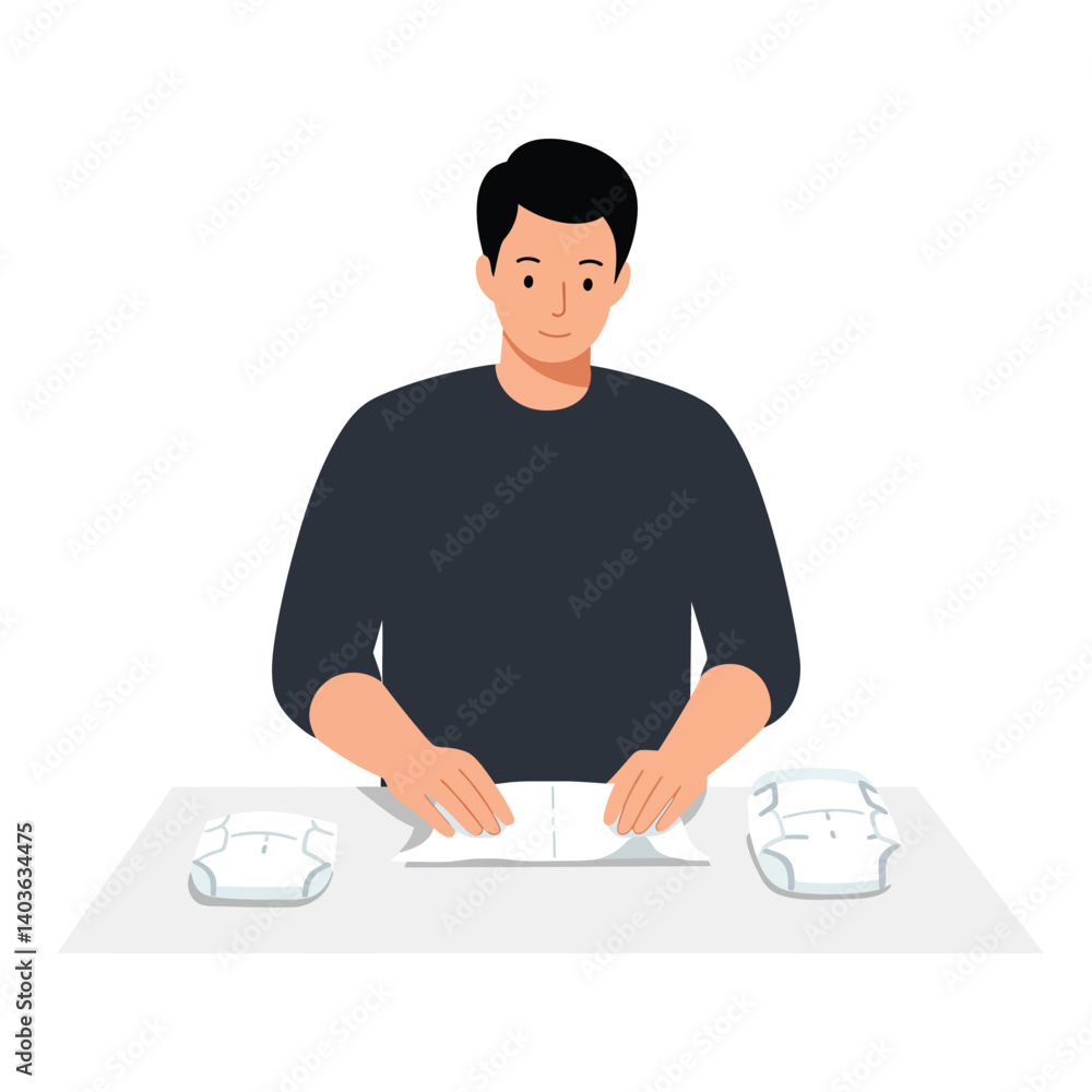 Poster man folding diapers in a minimal vector illustration style for parenting theme vector art