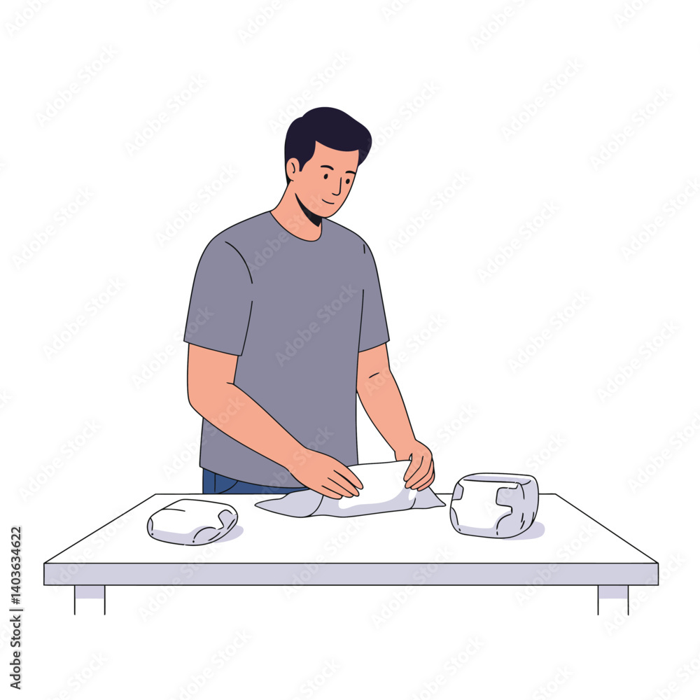 Poster man folding paper on a table in a minimal vector art style