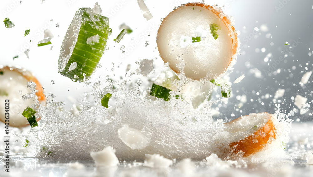 Aufkleber slices of onions and leeks splashing in water on a reflective surface with white background in a stu