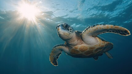 Obraz premium Majestic Sea Turtle Underwater Sunlight