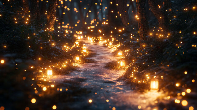 Enchanting winter forest path illuminated by glowing lanterns.