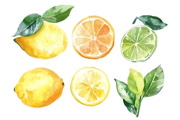 Watercolor citrus fruits lemon, lime, orange slices and leaves.