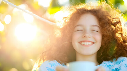 Fototapeta premium Smiling Young Woman with Curly Red Hair Enjoying Morning Coffee with Eyes Closed in Bright Sunlight Outdoors