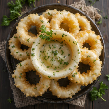 Anillas de calamar rebozadas con limon y perejil , vista cenital. Battered squid rings with lemon and parsley, overhead view.