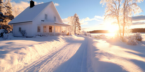 Obraz premium Snow Covered White Wooden House Surrounded By Trees on a Winter Landscape with a Path Leading to The House Under a Sunny Blue Sky