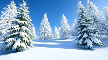 Naklejka premium Snowy Landscape with White Forest of Coniferous Trees Under a Clear Blue Sky in Winter Scene