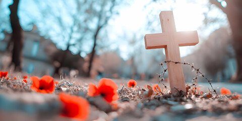Solemn Cross Among Poppies Symbolizing Remembrance Day at Cemetery Ground With Sunlight Sky and City Buildings in the Background