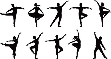 Set of black solid people dancing in different styles