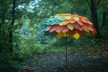 Colorful leaf umbrella in a misty forest