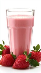 A glass of pink strawberry smoothie with a bunch of strawberries on the side