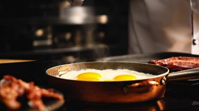 Bacon fried eggs, artistic timelapse of perfect sunny side up eggs and crispy bacon cooking in butter.