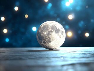 Spherical Moonlit Globe on Smooth Surface Against a Blurry Dark Blue Bokeh Background