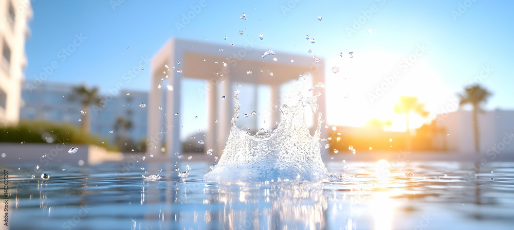 Aufkleber splashing water creates dynamic display in pool on sunny day with blue sky palm trees and contempora
