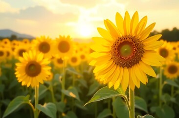 Naklejka premium A field of sunflowers in natural bright light from the sun, radiating warmth and the beginning of summer