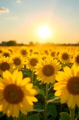 Obraz premium A field of sunflowers in natural bright light from the sun, radiating warmth and the beginning of summer