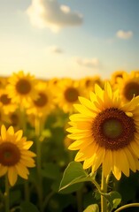 Obraz premium A field of sunflowers in natural bright light from the sun, radiating warmth and the beginning of summer