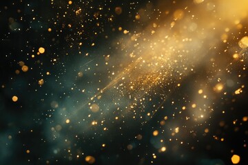Fototapeta premium Golden sparks explode against a dark background. A dramatic display of glittering particles, creating a dynamic, celebratory atmosphere