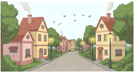 Naklejka premium A delightful cartoon illustration of a village street, lined with colorful houses and street lamps.
