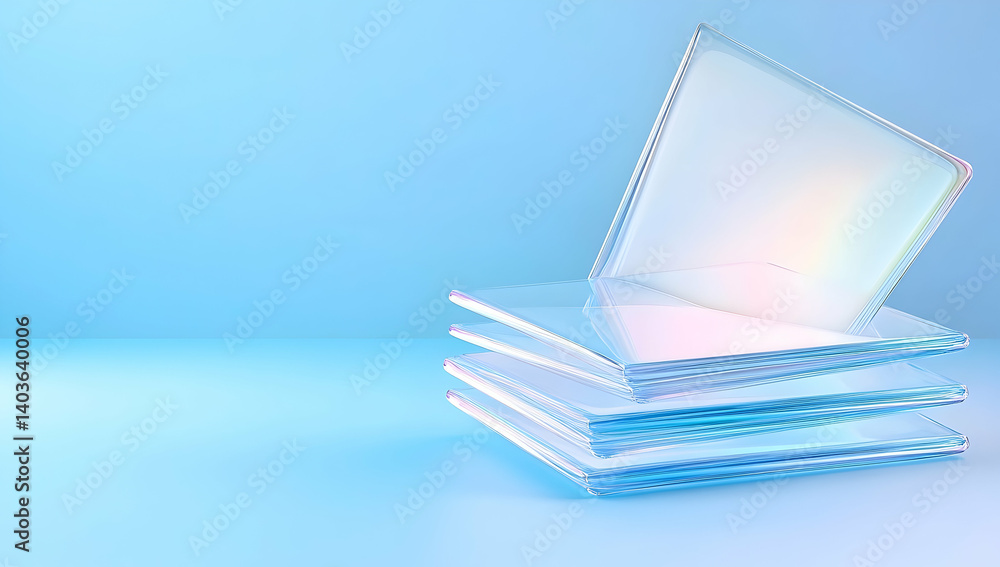 Poster stacked transparent square geometric abstract background in blue and white neon layered triangles an