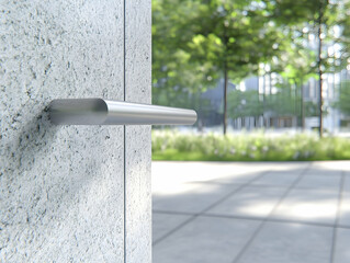 Stainless Steel Tactile Indicator Set on Concrete Walkway with Blurred Green Trees in Background on Sunny Day