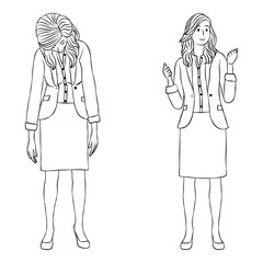 Line Art of a Young Businesswoman with Contrasting Emotions, Sad and Happy.