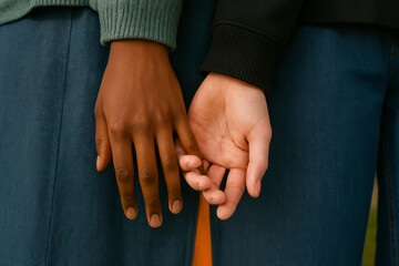 Close-Up of Interracial Hands Gently Touching
