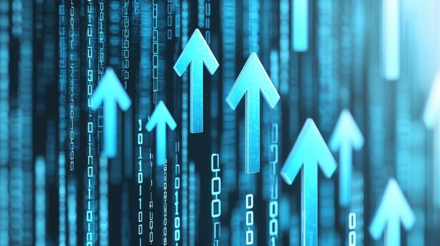 Abstract digital background featuring upward-pointing arrows and binary code, symbolizing growth, progress, and technology.