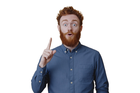 Thoughtful man showcasing excitement face after discovering an idea on transparent background