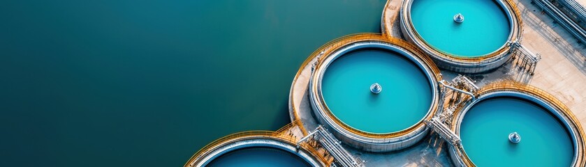 Aerial view of circular water treatment tanks, showcasing vibrant blue water against a contrasting surface, highlighting industrial design and functionality.