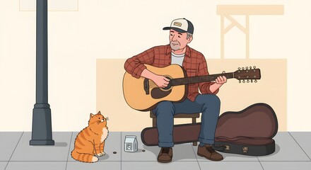 A friendly street musician plays guitar while an orange cat watches with interest in the street.