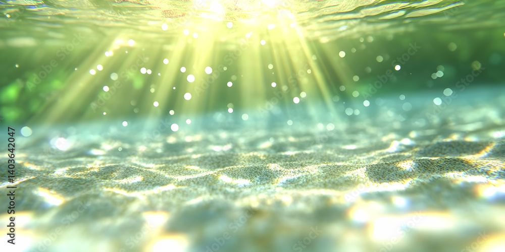Aufkleber sunlight rays through shallow water with sand texture and defacts with abstract underwater scene