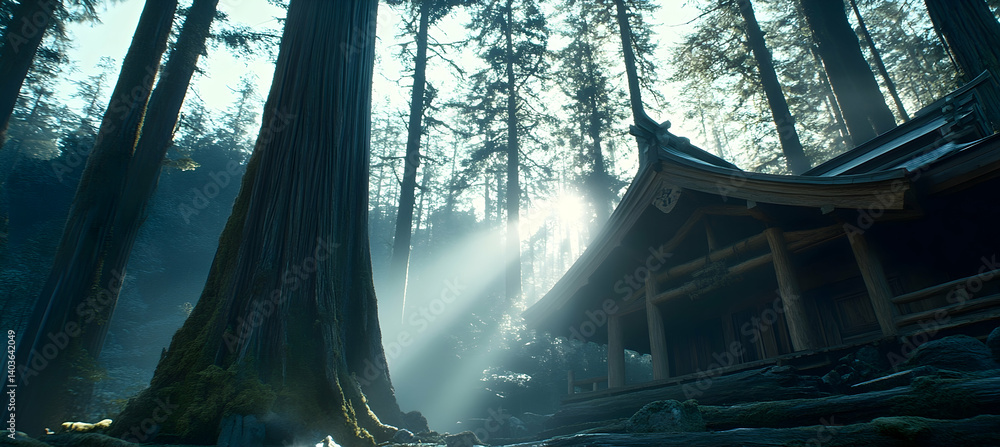 Aufkleber sunlight filtering through misty forest in morning with ancient structure with pixelated style