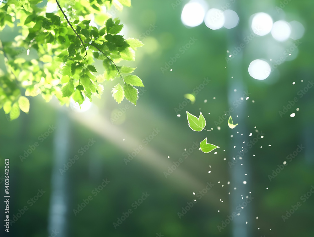 Poster sunlight streaming through green leaves and trees in a tranquil forest environment with soft bokeh
