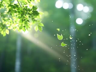 Obraz premium Sunlight Streaming Through Green Leaves and Trees in a Tranquil Forest Environment with Soft Bokeh