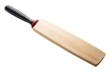 Wooden cricket bat isolated on white background, showcasing the handle grip and smooth blade surface