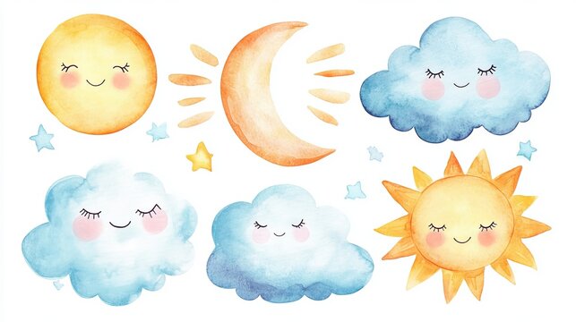 Watercolor illustration of sun moon clouds and stars with closed eyes and cute smiling faces