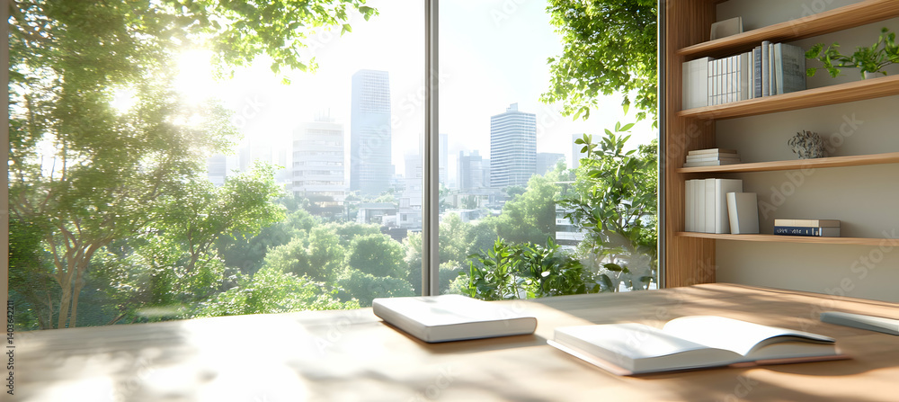 Poster Sunlight Filled Study Space Featuring Open Book Wooden Table and Bookshelf with Cityscape View Through Large Window