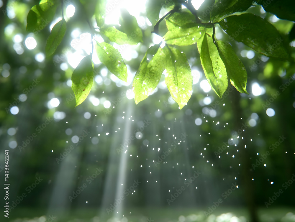 Poster sunlight streaming through green leaves in a tranquil forest with soft bokeh effect