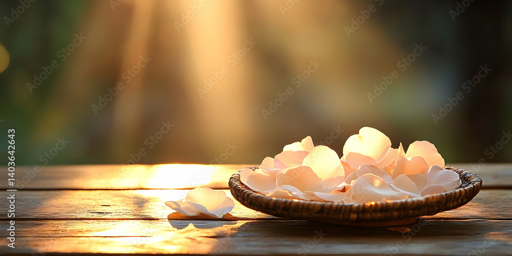 Poster sunlit eggshells in wicker basket on wood table in soft focus background
