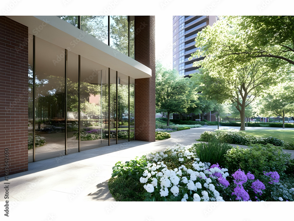 Poster sunlit building exterior with brick columns and lush greenery in an urban setting with modern archit