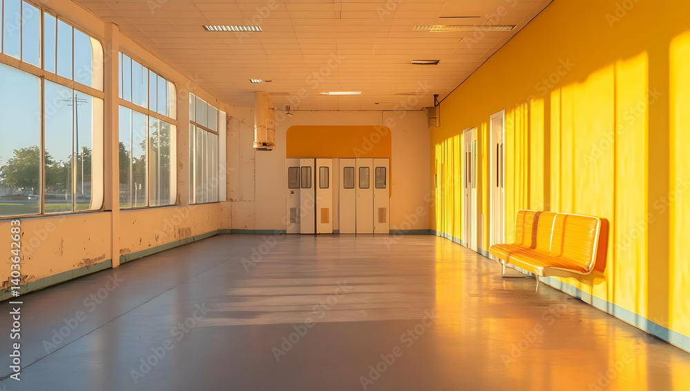Poster sunlit empty hallway with yellow walls and seating area modern interior design with clean lines and 