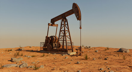 Rusty Oil Pump Jack on Barren Land Under Pale Sky for Petroleum Extraction