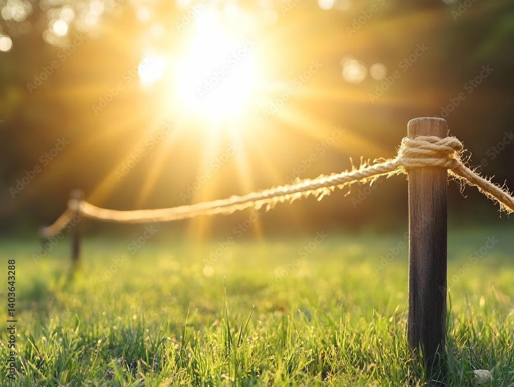 Poster sunlit meadow with rope fence posts at golden hour in lush green field and soft blurry background in