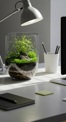Florarium in the office on the desktop. Mini garden, purifying the air in the business space. Comfort and natural accent.