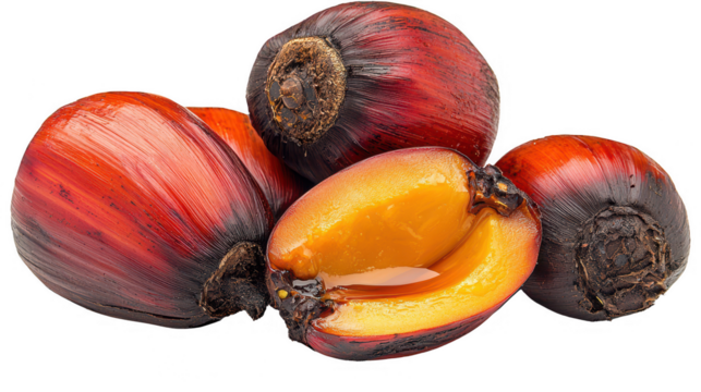 A stack of palm fruits highlighting their vibrant colors and fleshy interiors