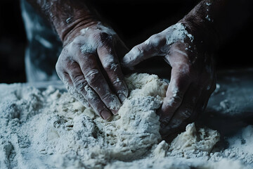 Close-up of hands kneading dough covered in flour in a dark kitchen