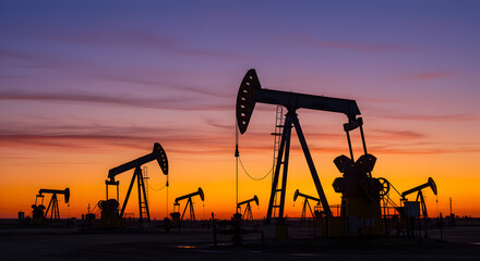 Oil Pumpjacks Silhouetted Against a Vibrant Sunset Sky in a Vast Landscape at Twilight