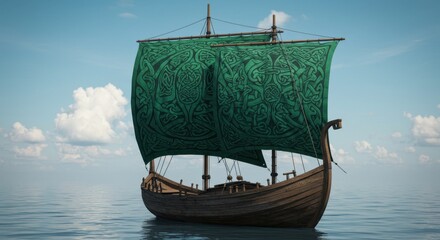 Sailing Viking Longship with Green Sail on Calm Ocean Waters