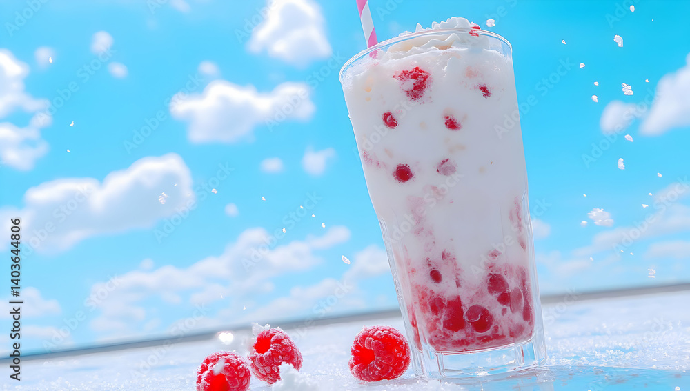 Poster tall raspberry milkshake topped with cream with red straw and fruit against sunny cloudy sky backgro