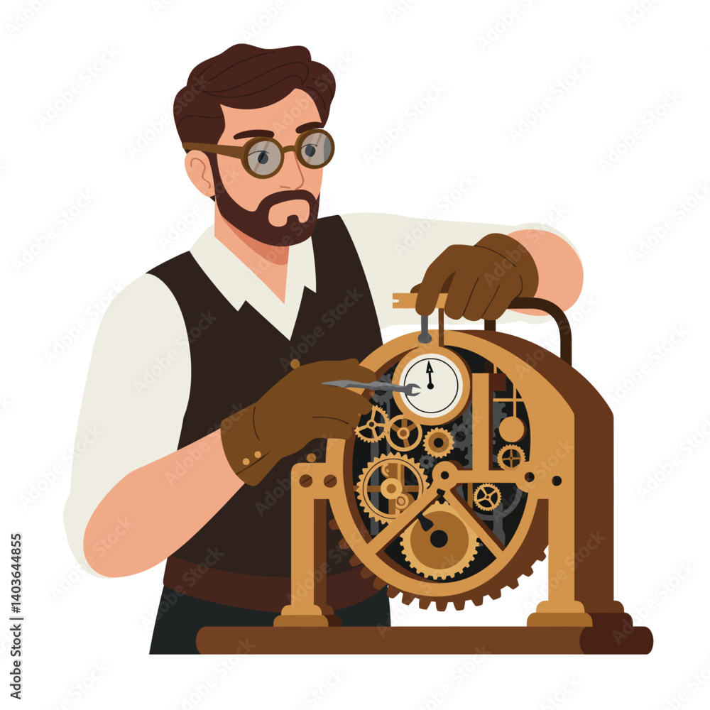 Poster man adjusting clock gears with precision tools in a vintage workshop setting